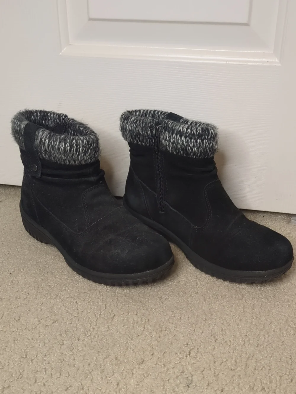 Women's Black Suede Knit-Cuff Ankle Boots